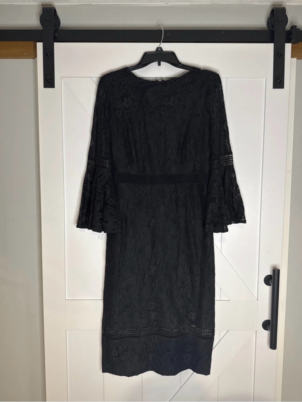 eva mendes for New York & Company Black Lace Midi Dress with Bell Sleeves
